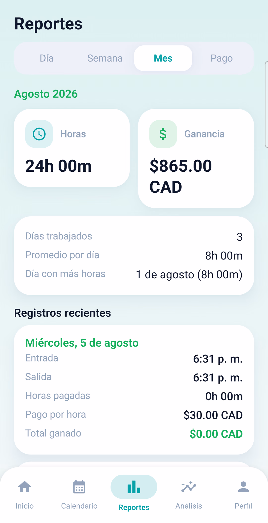 Pantalla de reportes de JornadaPro con el total de horas y la ganancia del mes.